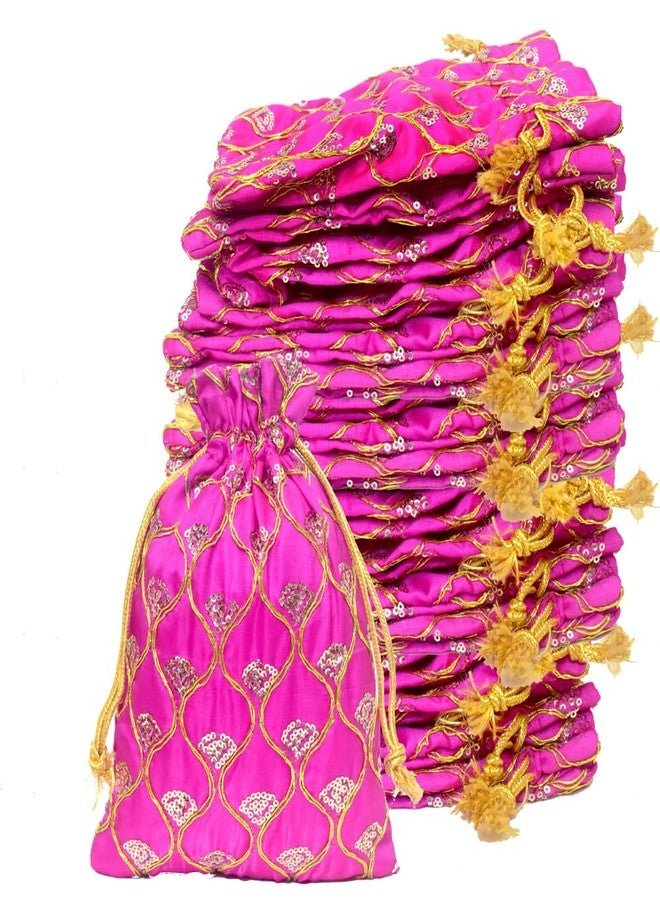 Dulhan DLC Set of 5 Medium Size Silk Fabric JHAROKHA Potli Bags for Return Gifts with embroidered Heavy Sequin Work, Pink ethnic potli jewelry bag for Women Handbag 7 x 9 inches By Dulhan - Image 1